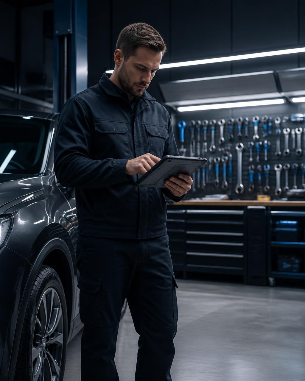 Ace Motors technician reviewing diagnostics on a tablet in a clean, organized shop